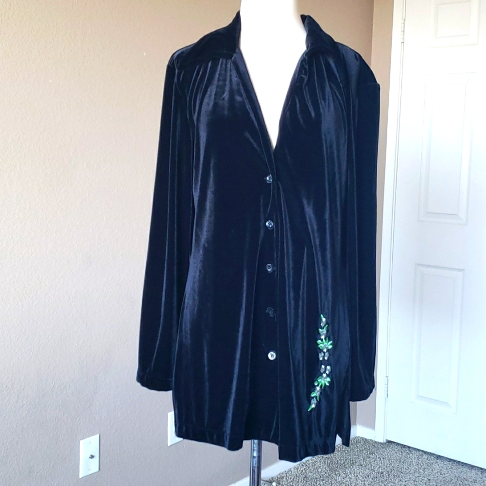 California Style Velvet Black cardigan embroidery flower design